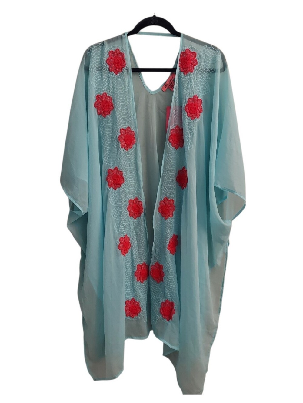 Betsey Johnson Light Blue Sheer Chiffon Kimono Cardigan Pink Floral Applique OS
